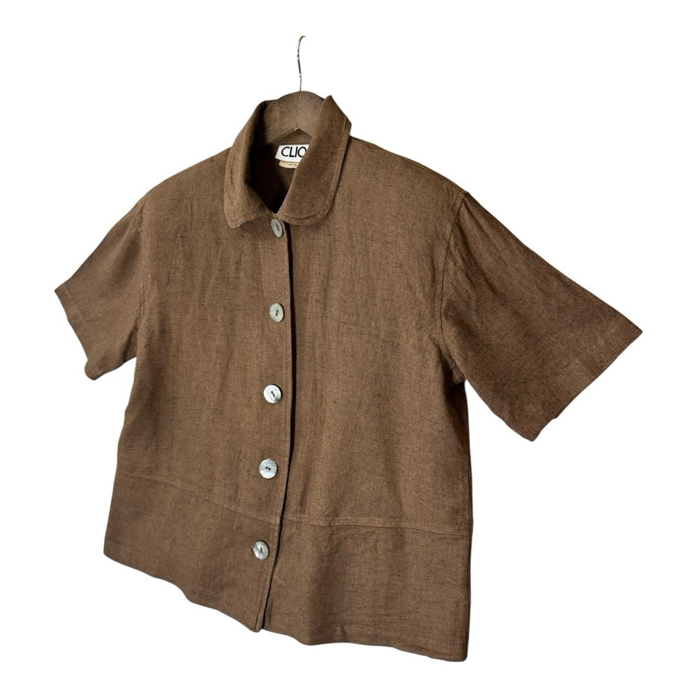 Vintage Clio Womens Flax Button Down Shirt S Brown Peter Pan Collar Boxy‎ Earthy - Picture 6 of 7